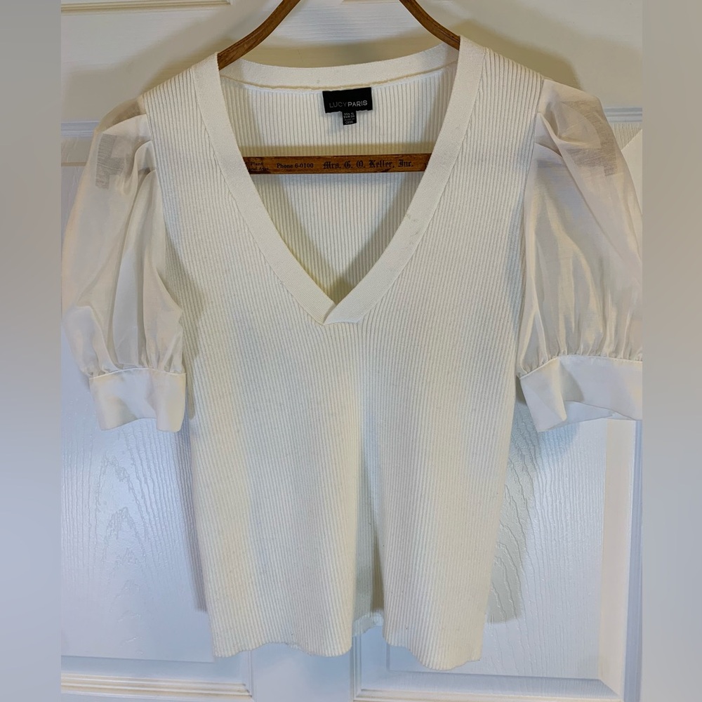 Lucy Paris White Ribbed Sweater W/ Gauzy Puffed Sleeves Cuff Detailing Small